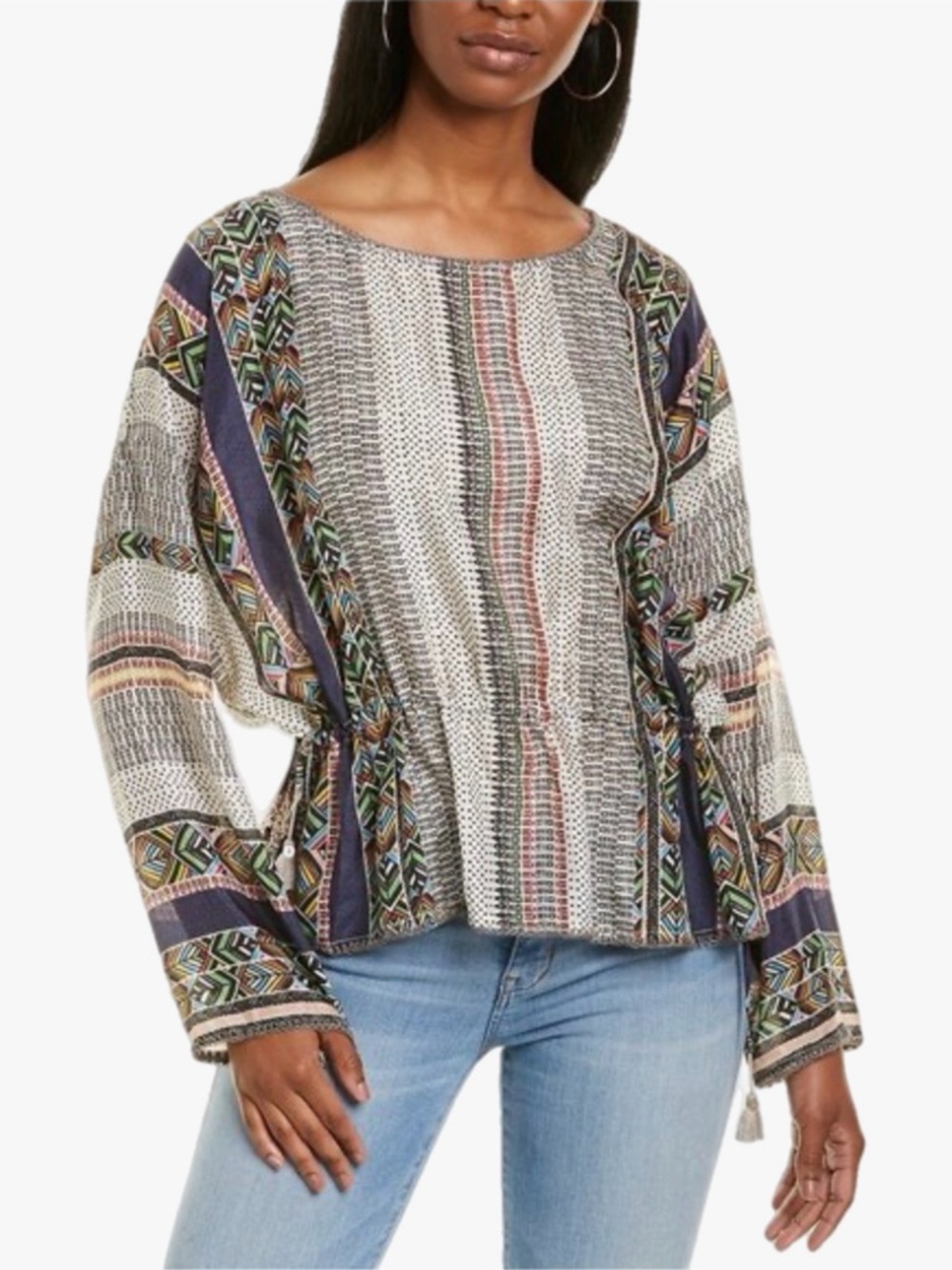 Johnny Was Premino 100% Silk Peplum Drawstring Tassel Boho Blouse Size Medium